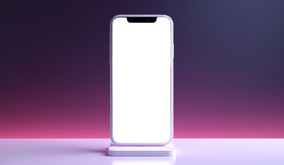 Smartphone Mockup On Stand Holder Against gradient dark Purple Background.