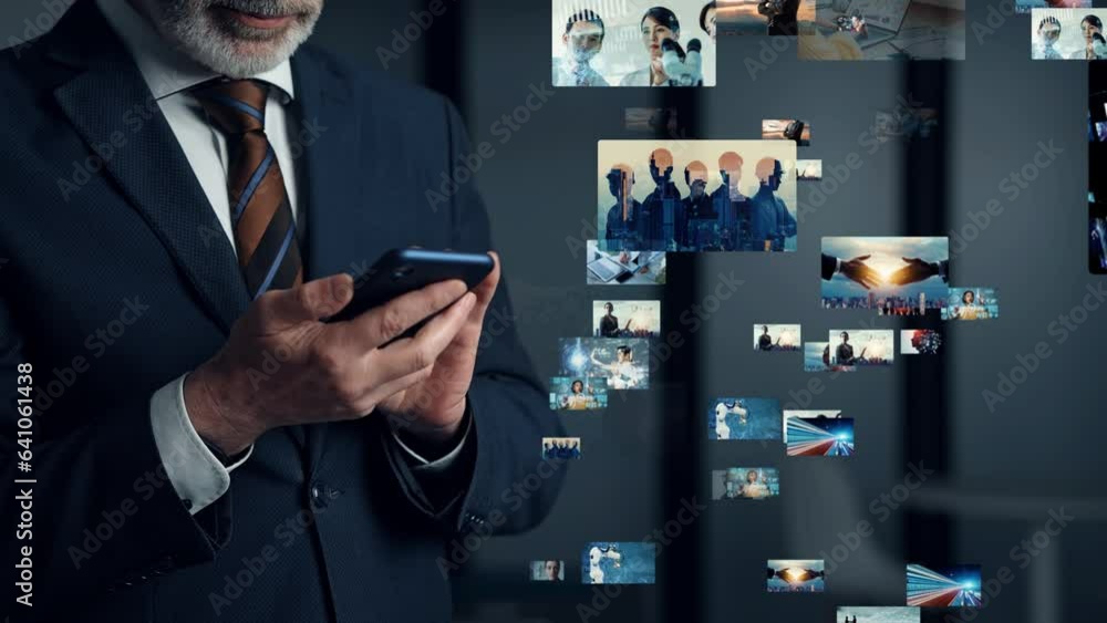 Aufkleber middle aged man using a smart phone and digital contents concept.