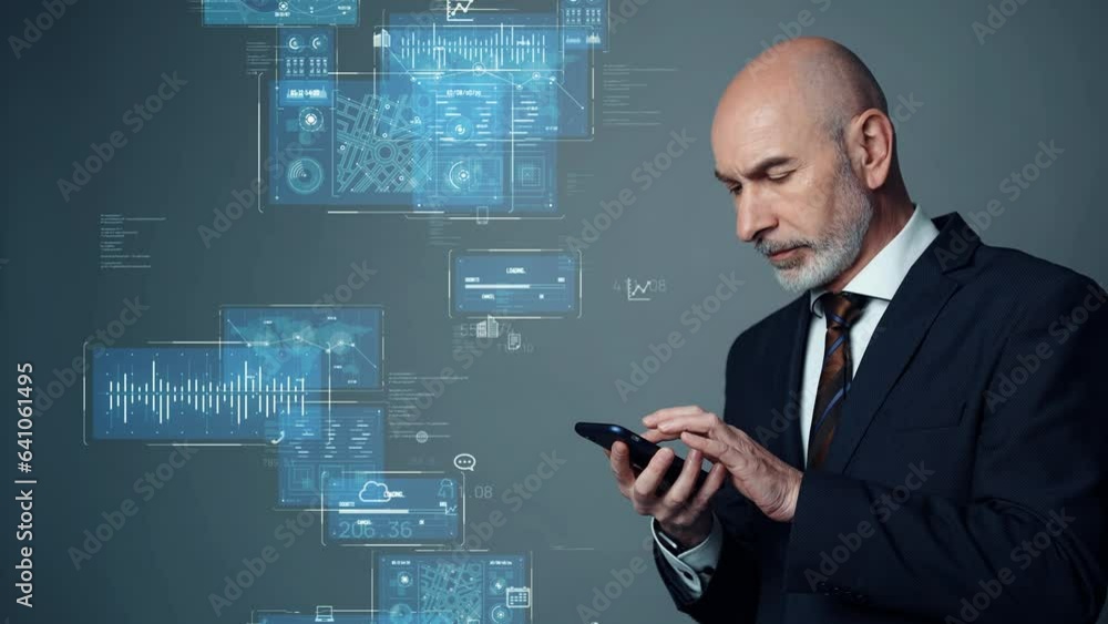 Poster middle aged man using a smart phone and digital technology concept.