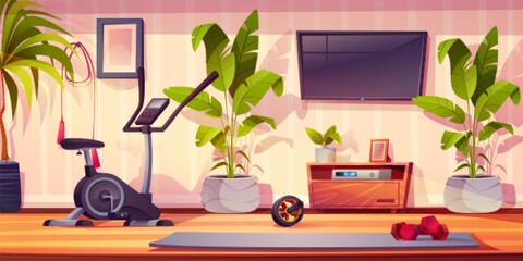 Home sport and fitness gym cartoon vector interior. Exercise room for workout with jump rope, mat and elliptical trainer equipment. Dumbbell and wheel roller for apartment indoor aerobic design