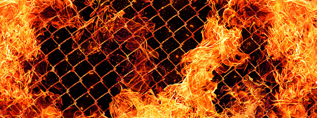 燃え盛る炎と焼け焦げたフェンスのイラスト背景