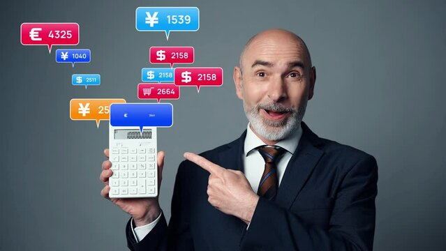 Middle aged man showing a culculator and financial technology concept.