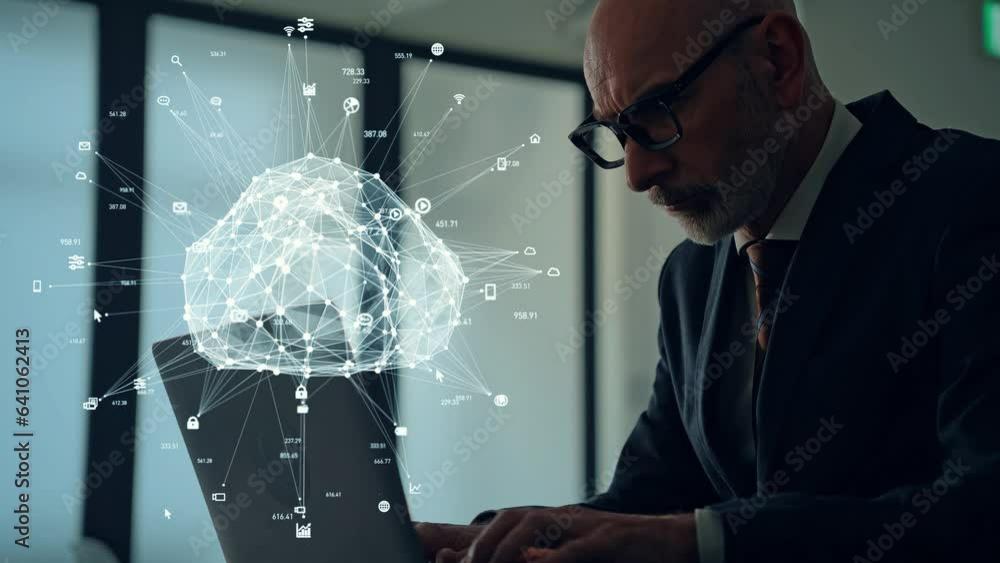 Aufkleber middle aged man working in office and cloud computing concept.