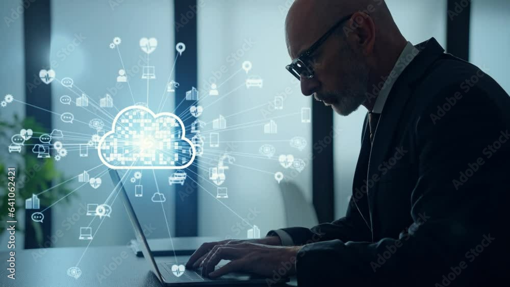 Poster middle aged man working in office and cloud computing concept.