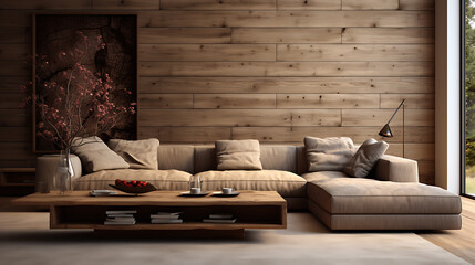 Living rooom wooden interior design 