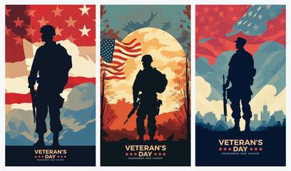 Fototapeta premium Veterans day illustrations background design with american flag and silhouette of soldier