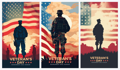 Fototapeta premium Veterans day illustrations background design with american flag and silhouette of soldier