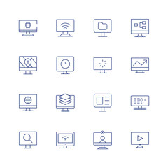Computer screen line icon set on transparent background with editable stroke. Containing computer, screen, loading, line graph, layers, computer screen, search, video call, watching tv.