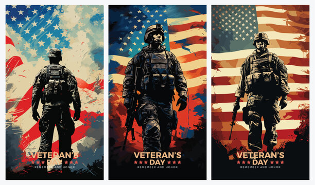Veterans day illustrations background design with american flag and silhouette of soldier