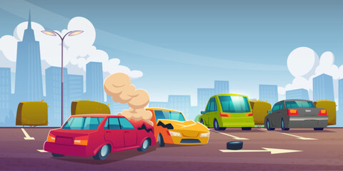 Vehicle crash accident on car park lot vector. Traffic wreck and insurance collision in city with perspective skyscraper view. Public carpark crush concept illustration. Bumper damage background scene