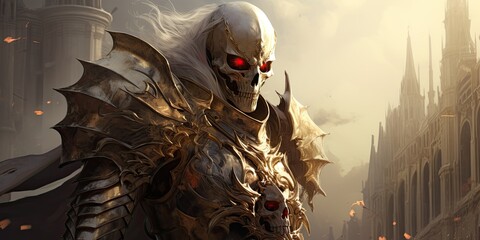 illustration of skeleton knight in armor knight, generative AI - obrazy, fototapety, plakaty
