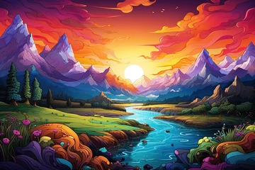 Tuinposter Imaginary Landscapes depict breathtaking vistas that exist realms of creativity. Whimsical terrains, vibrant colors, surreal elements,Generated with AI © Chanwit