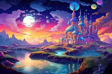 Foto op Canvas Imaginary Landscapes depict breathtaking vistas that exist realms of creativity. Whimsical terrains, vibrant colors, surreal elements,Generated with AI © Chanwit