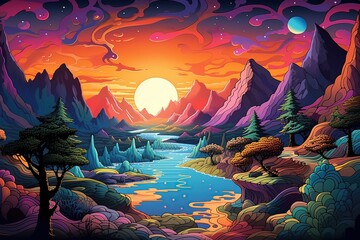 Obraz na płótnie Canvas Imaginary Landscapes depict breathtaking vistas that exist realms of creativity. Whimsical terrains, vibrant colors, surreal elements,Generated with AI