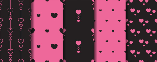 Hearts black and pink seamless patterns set