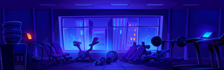 Night sport fitness gym interior vector background. Gymnasium equipment for weight exercise in bodybuilding center. Dark athletic healthcare activity indoor club with neon cityscape view from window