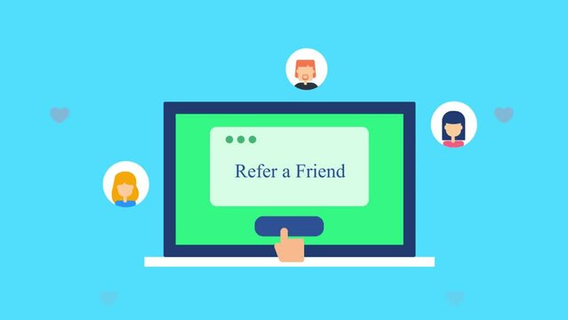 Online business referral marketing program. Person referring a friend from laptop and press button. Affiliate marketing concept. 2d animation 4k video clip.
