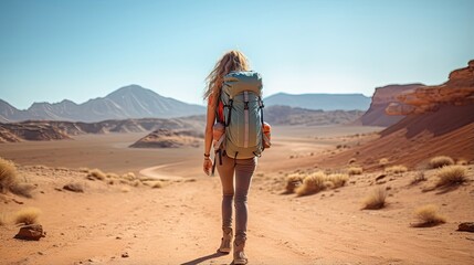 Female hiker, full body, view from behind, walking in the desert