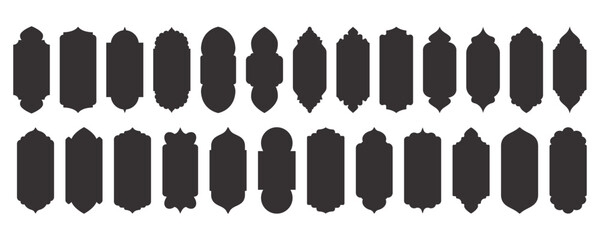 Ramadan frame shape. Islamic window and door icons set. Arabic oriental arches. Silhouettes of arabesque traditional templates. Vector