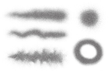 Noise effect with grain texture. Shapes with grain gradient and stipple shadow. Dotted wave of paint. Grunge lines and circles. Vector