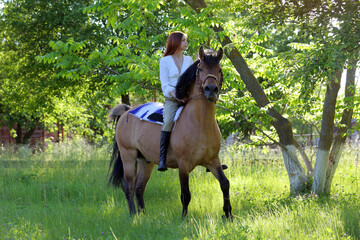 Country girl riding bareback horse in summer woods