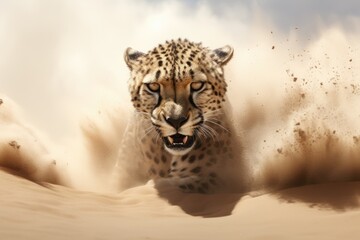 Cheetah Acinonyx jubatus in the sand, Cheetah in a sand storm. 3d render illustration, AI Generated