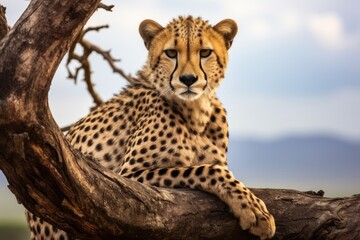 Cheetah sits on a tree in Serengeti National Park, Tanzania, Cheetah on a tree in Serengeti National Park, Tanzania, AI Generated