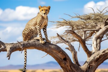 Cheetah sits on tree in Serengeti National Park, Tanzania, Cheetah on a tree in Serengeti National Park, Tanzania, AI Generated