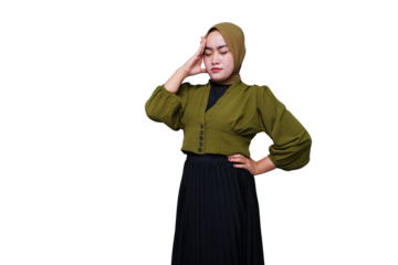 Asian hijab woman holding her head with dizzy expression
