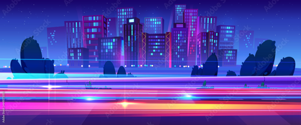 Wall mural Night neon city light on speed car road vector background. Fast line motion effect on abstract cityscape view. Metaverse technology urban landscape. 5g network speedway power illustration scene