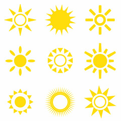Sun icon set. Vector flat design. Collection of sun stars for use in as logo or weather icon.