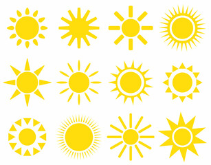 Sun icon set. Vector flat design. Collection of sun stars for use in as logo or weather icon.