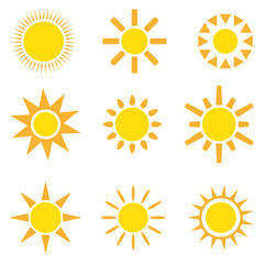 Sun icon set. Vector flat design. Collection of sun stars for use in as logo or weather icon.