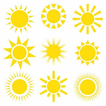 Sun icon set. Vector flat design. Collection of sun stars for use in as logo or weather icon.