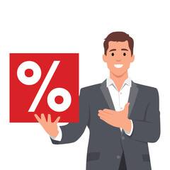 Satisfied positive businessman holding paper and showing with percent sign inscription. Flat vector illustration isolated on white background