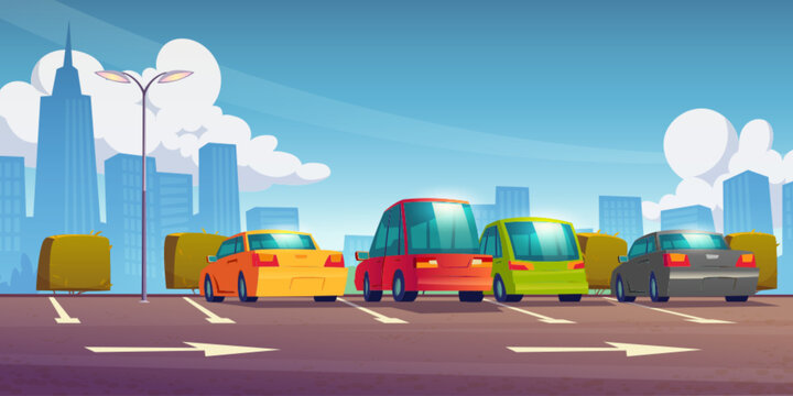 Cars standing in city parking lot - cartoon vector illustration of high town buildings landscape with green bushes and colorful automobiles at rest station. Urban skyline with houses and vehicles.