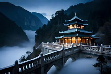 chinese temple at night - obrazy, fototapety, plakaty