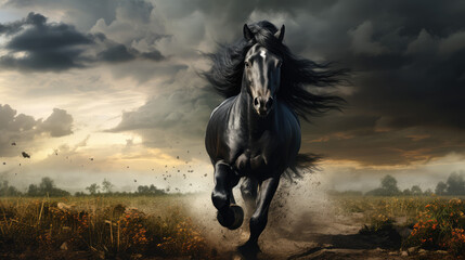 Black horse running with dark clouds in background creating surreal effects