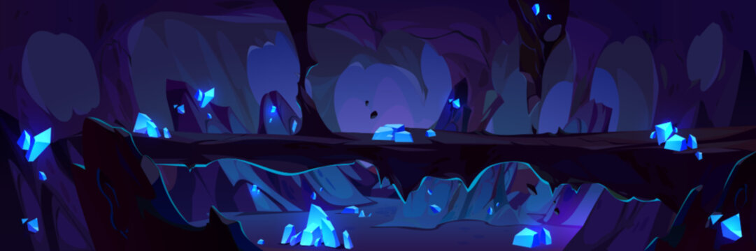 Underground mine with crystal vector background. Dark cave graphic with glossy stone on scary landscape. Mysterious treasure inside mountain under ground cavern. Prehistory game level panorama