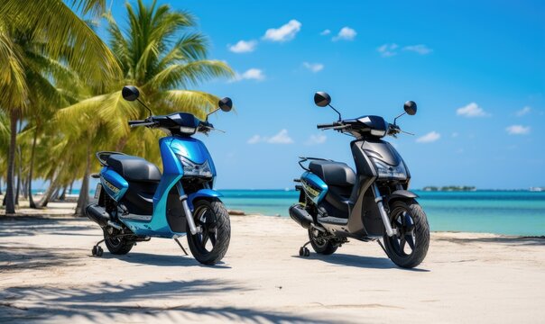 Photo of two motor scooters parked on a beach near the ocean
