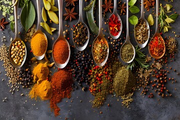Spoons with Colorful Spices for Food Enthusiasts - obrazy, fototapety, plakaty