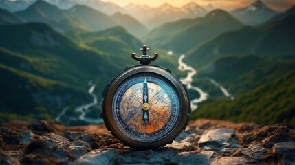 Close up compass navigating in travel concept.