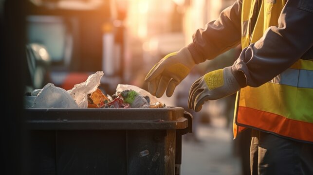 Garbage man working in the morning to picking plastic to garbage truck.