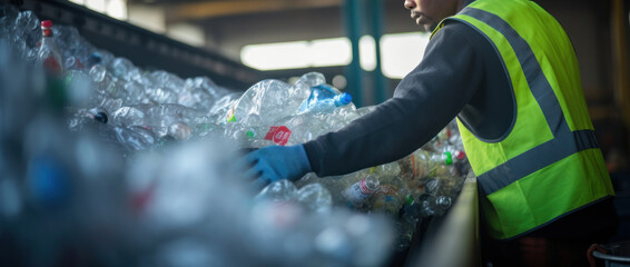 Fototapeta premium Garbage man working to recycle plastic bottle stack to conveyor line, garbage industry.