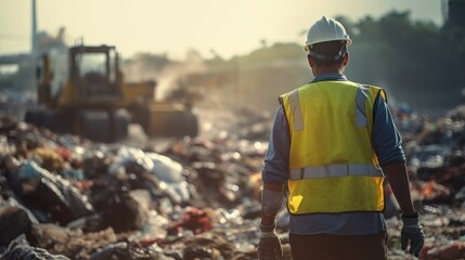 Obraz premium Engineer working at large garbage and plastic land to research pollution environment.