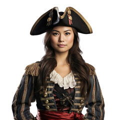 Halloween costumes -  Front view mid shot of Asian woman dressed as pirate isolated on white...