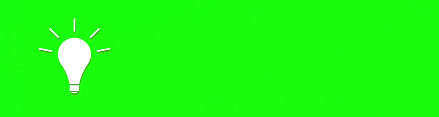 White glowing light bulb with shadow on green background. Illustration of symbol of idea. Horizontal image. 3D image. 3D rendering.