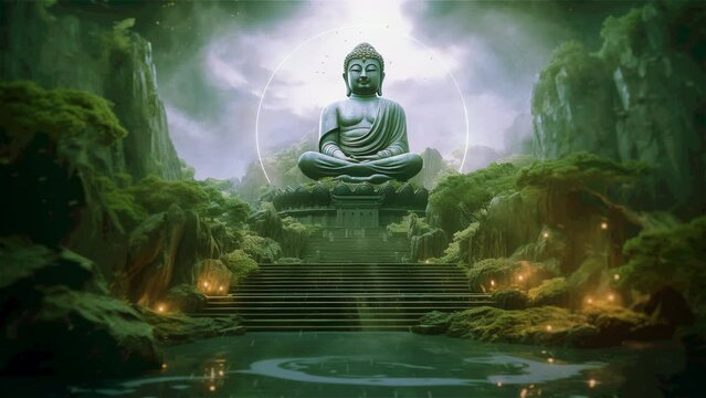 a waterfall flowing vigorously surrounded by beautiful trees with a lush, cloudy sky. The center of the picture is one big budda, generative AI
