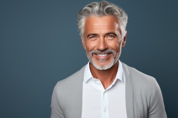 Handsome businessman 50s mid age elderly senior model man with grey hair laughing and smiling. Mature old man close up portrait. Healthy face skin care beauty, skincare cosmetics, dental.	