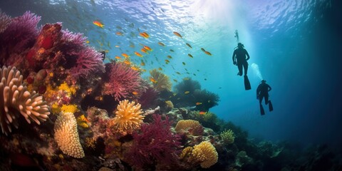 Divers enjoy the colorful soft coral reefs underwater
